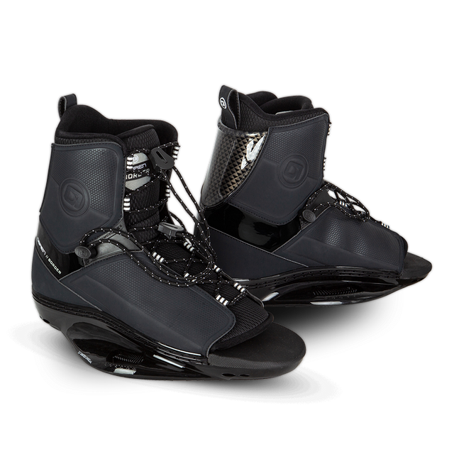O'Brien Border Wakeboard Bindings in black with a lace-up closure, high ankle support, and a glossy reinforced base.