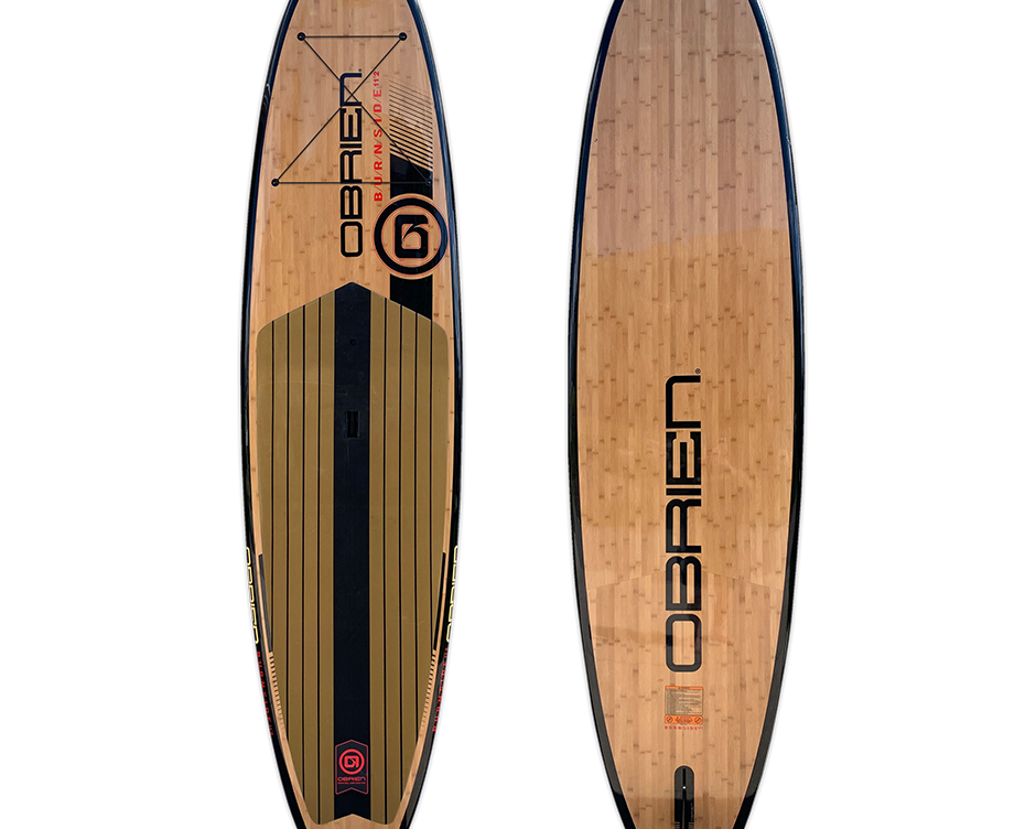 Eco-friendly 2022 OBrien Burnside SUP, black and red accents, front and back shown.