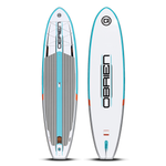 Top and bottom view of the O'Brien Camano Stand Up Paddleboard, featuring a white and blue design with orange accents.