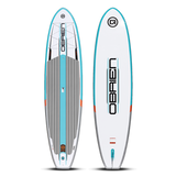 Top and bottom view of the O'Brien Camano Stand Up Paddleboard, featuring a white and blue design with orange accents.
