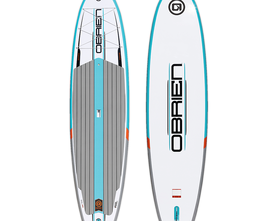 Top and bottom view of the O'Brien Camano Stand Up Paddleboard, featuring a white and blue design with orange accents.