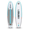 Top and bottom view of the O'Brien Camano Stand Up Paddleboard, featuring a white and blue design with orange accents.