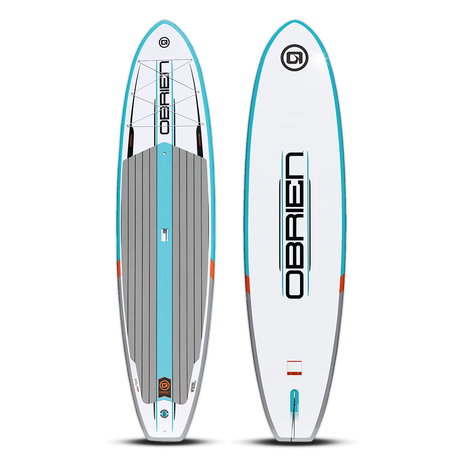 Top and bottom view of the O'Brien Camano Stand Up Paddleboard, featuring a white and blue design with orange accents.