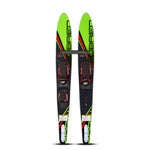 Top and base view of the O'Brien Celebrity 58" Combo Waterskis in green with black and red, a stabilizer bar and bindings.