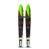 Top and base view of the O'Brien Celebrity 58" Combo Waterskis in green with black and red, a stabilizer bar and bindings.
