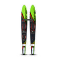 Top and base view of the O'Brien Celebrity 58" Combo Waterskis in green with black and red, a stabilizer bar and bindings.