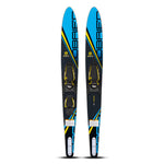Top and base view of the O'Brien Celebrity 64" Combo Waterskis in blue with black, yellow, and white accents and bindings.