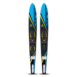 Top and base view of the O'Brien Celebrity 64" Combo Waterskis in blue with black, yellow, and white accents and bindings.