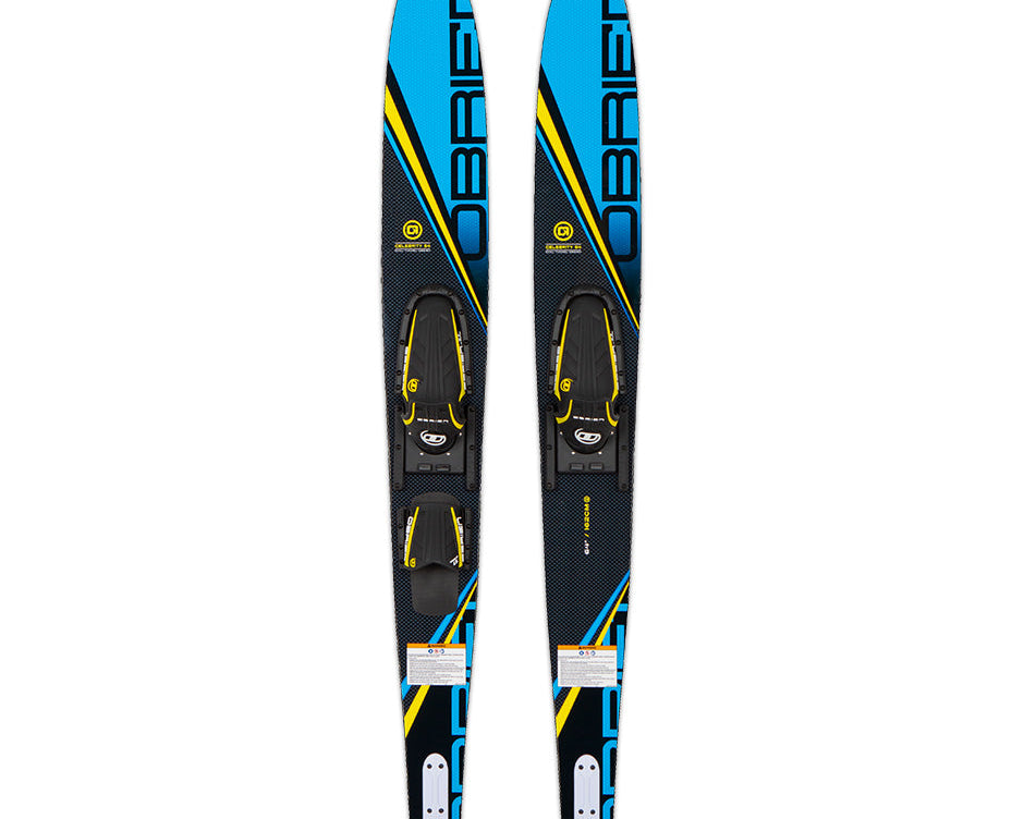 Top and base view of the O'Brien Celebrity 64" Combo Waterskis in blue with black, yellow, and white accents and bindings.