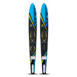 Top and base view of the O'Brien Celebrity 64" Combo Waterskis in blue with black, yellow, and white accents and bindings.