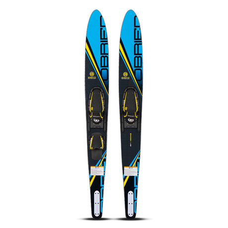 Top and base view of the O'Brien Celebrity 64" Combo Waterskis in blue with black, yellow, and white accents and bindings.