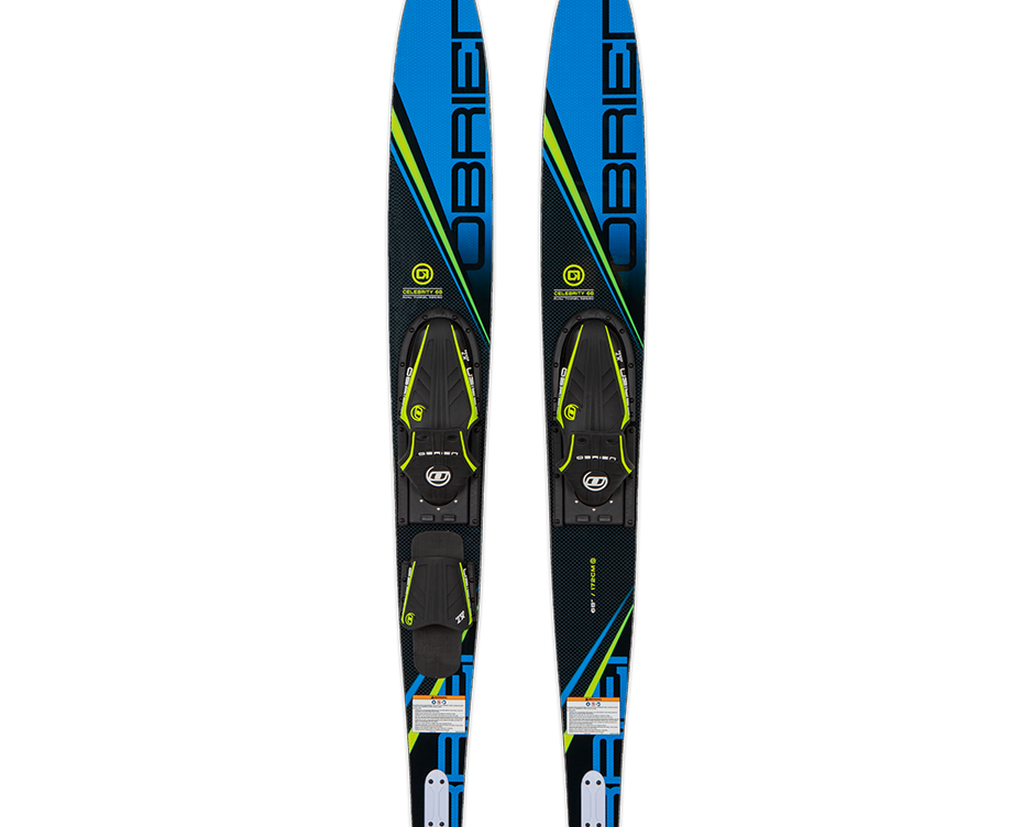Celebrity 68 Combo Waterskis with a blue, black, and neon green design featuring the brand name in bold letters.