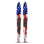 Top and base view of the O'Brien Celebrity 68" Combo Waterskis with a flag design in red, white, and blue with stars.