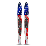 Top and base view of the O'Brien Celebrity 68" Combo Waterskis with a flag design in red, white, and blue with stars.