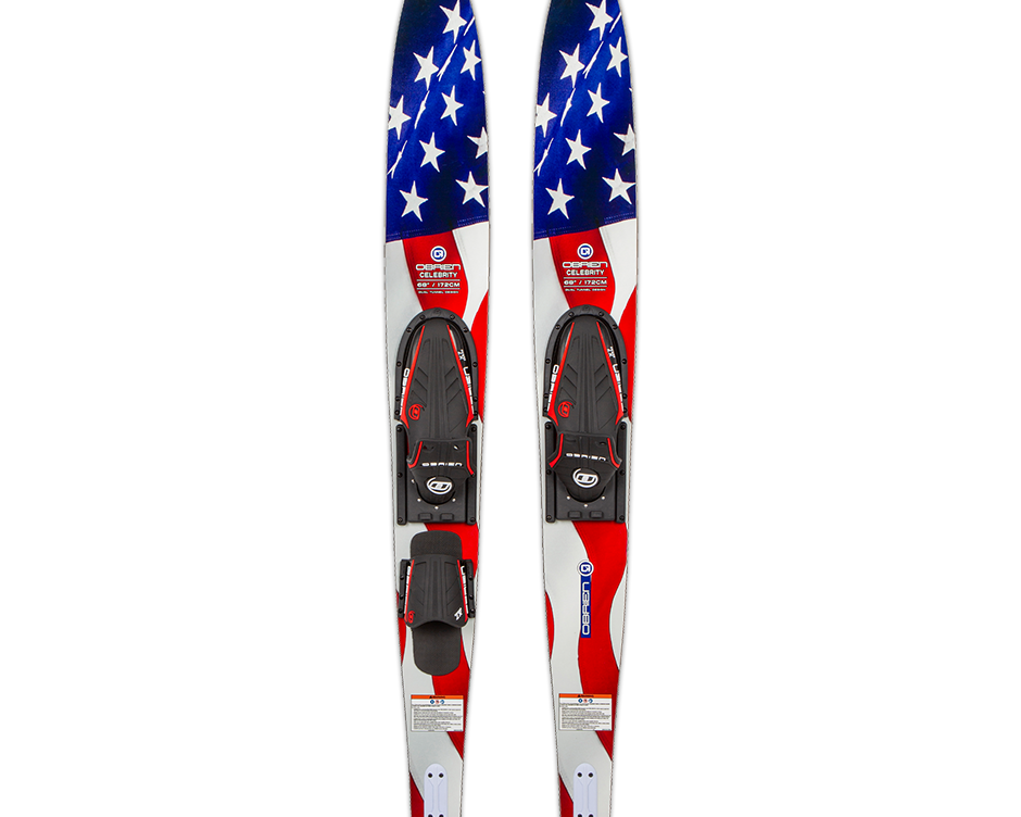 Top and base view of the O'Brien Celebrity 68" Combo Waterskis with a flag design in red, white, and blue with stars.