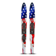 Top and base view of the O'Brien Celebrity 68" Combo Waterskis with a flag design in red, white, and blue with stars.