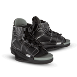 O'Brien Clutch Wakeboard Bindings in black with white stitching, lace-up closure, and an open-toe design with a cushioned footbed.