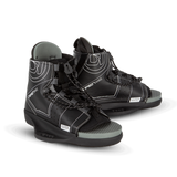 O'Brien Clutch Wakeboard Bindings in black with white stitching, lace-up closure, and an open-toe design with a cushioned footbed.