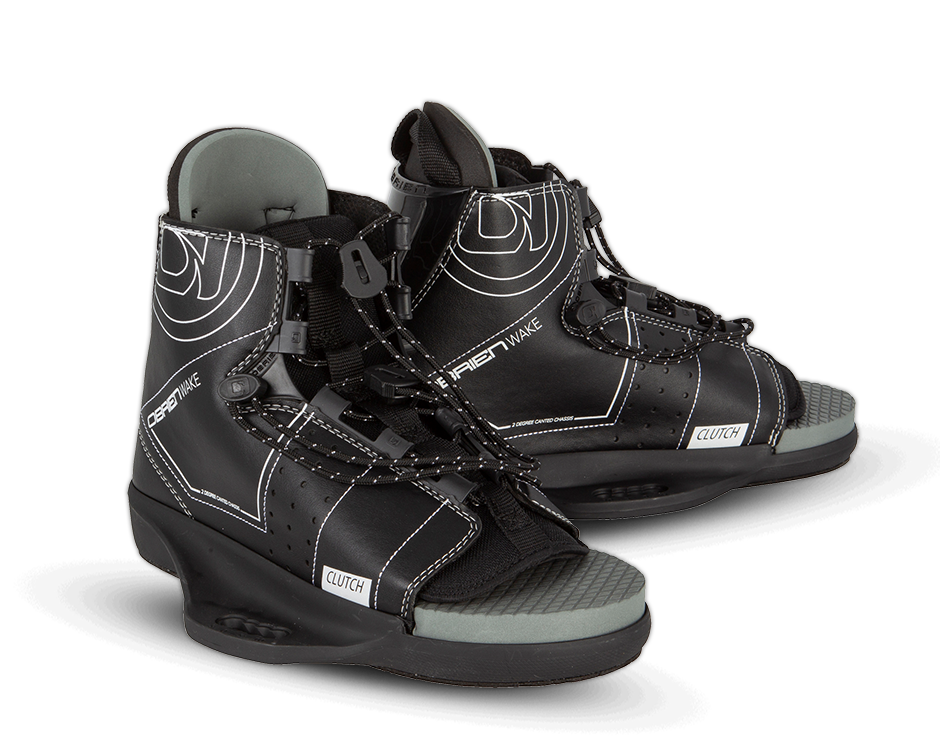 O'Brien Clutch Wakeboard Bindings in black with white stitching, lace-up closure, and an open-toe design with a cushioned footbed.