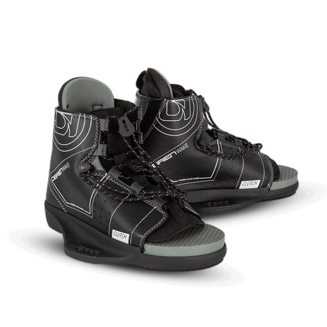 O'Brien Clutch Wakeboard Bindings in black with white stitching, lace-up closure, and an open-toe design with a cushioned footbed.