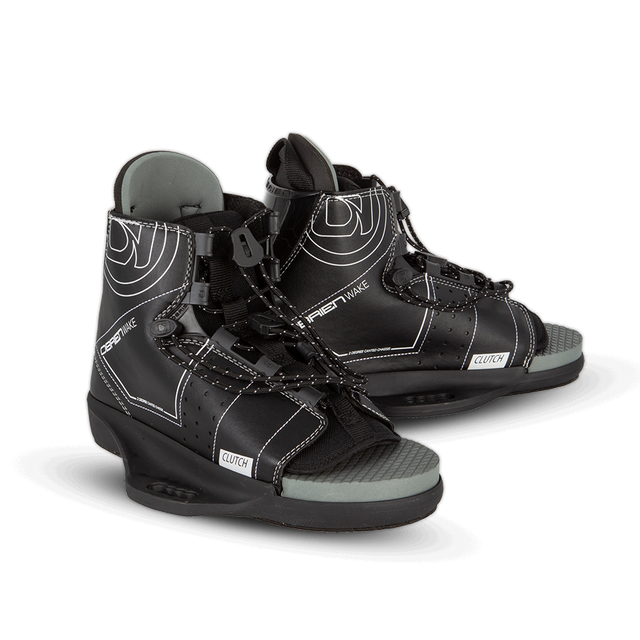 O'Brien Clutch Wakeboard Bindings in black with white stitching, lace-up closure, and an open-toe design with a cushioned footbed.