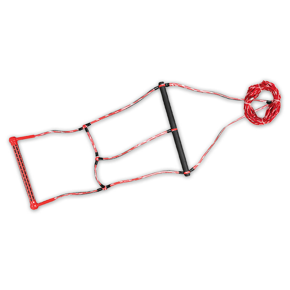 Top view of the O'Brien Combo Trainer Rope and Handle in red, featuring a trainer bar and sectioned ropes for easy learning.