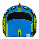 Top view of the O'Brien D-Lux 2 Towable Tube in blue and black, with a rounded shape, padded seating area, and grab handles.