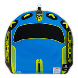 Top view of the O'Brien D-Lux 2 Towable Tube in blue and black, with a rounded shape, padded seating area, and grab handles.