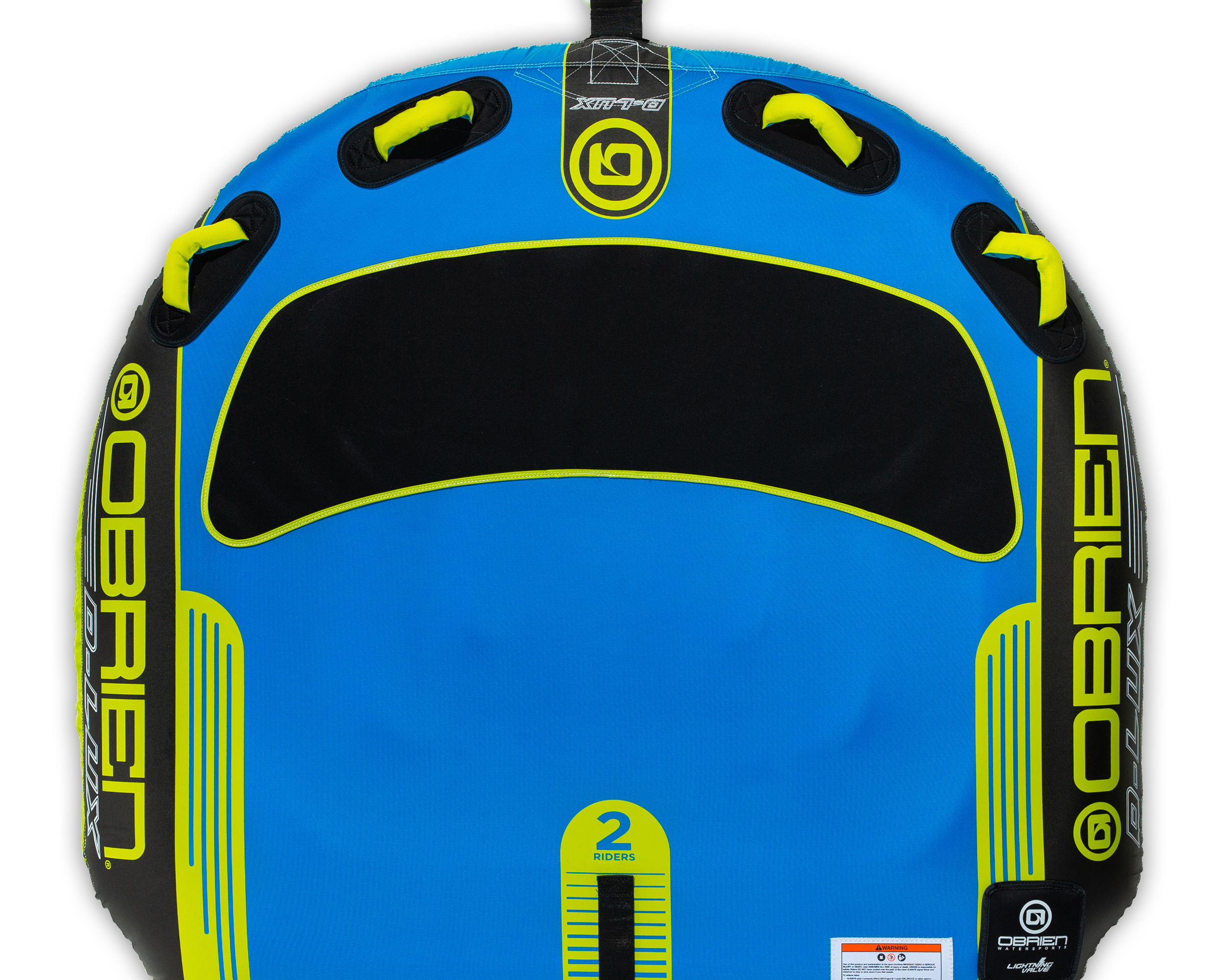 Top view of the O'Brien D-Lux 2 Towable Tube in blue and black, with a rounded shape, padded seating area, and grab handles.