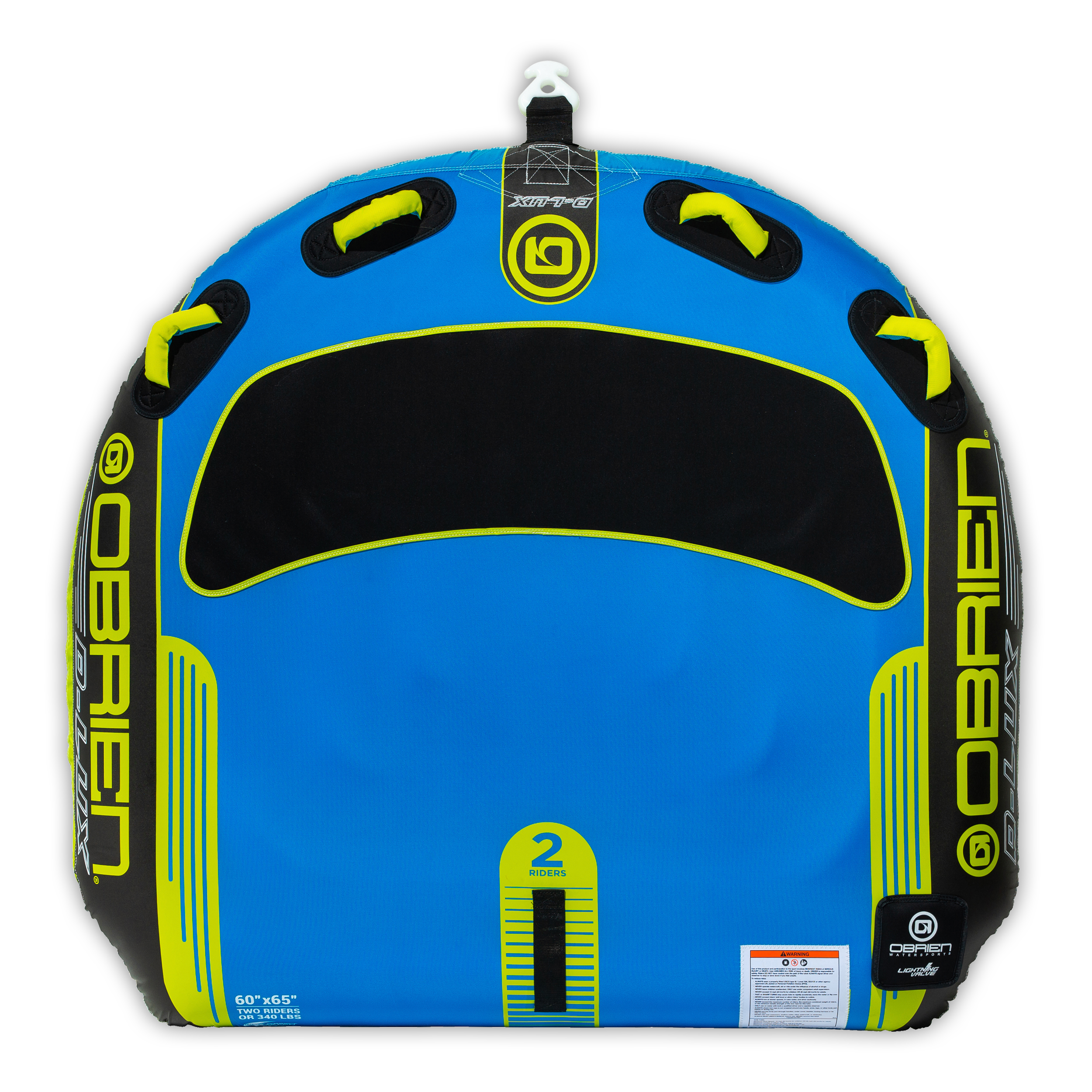 Top view of the O'Brien D-Lux 2 Towable Tube in blue and black, with a rounded shape, padded seating area, and grab handles.