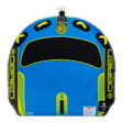 Top view of the O'Brien D-Lux 2 Towable Tube in blue and black, with a rounded shape, padded seating area, and grab handles.