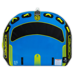 Top view of the blue and black O'Brien D-Lux 3, a three-rider towable tube with handles and a soft top.