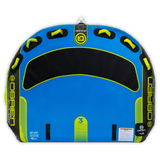 Top view of the blue and black O'Brien D-Lux 3, a three-rider towable tube with handles and a soft top.