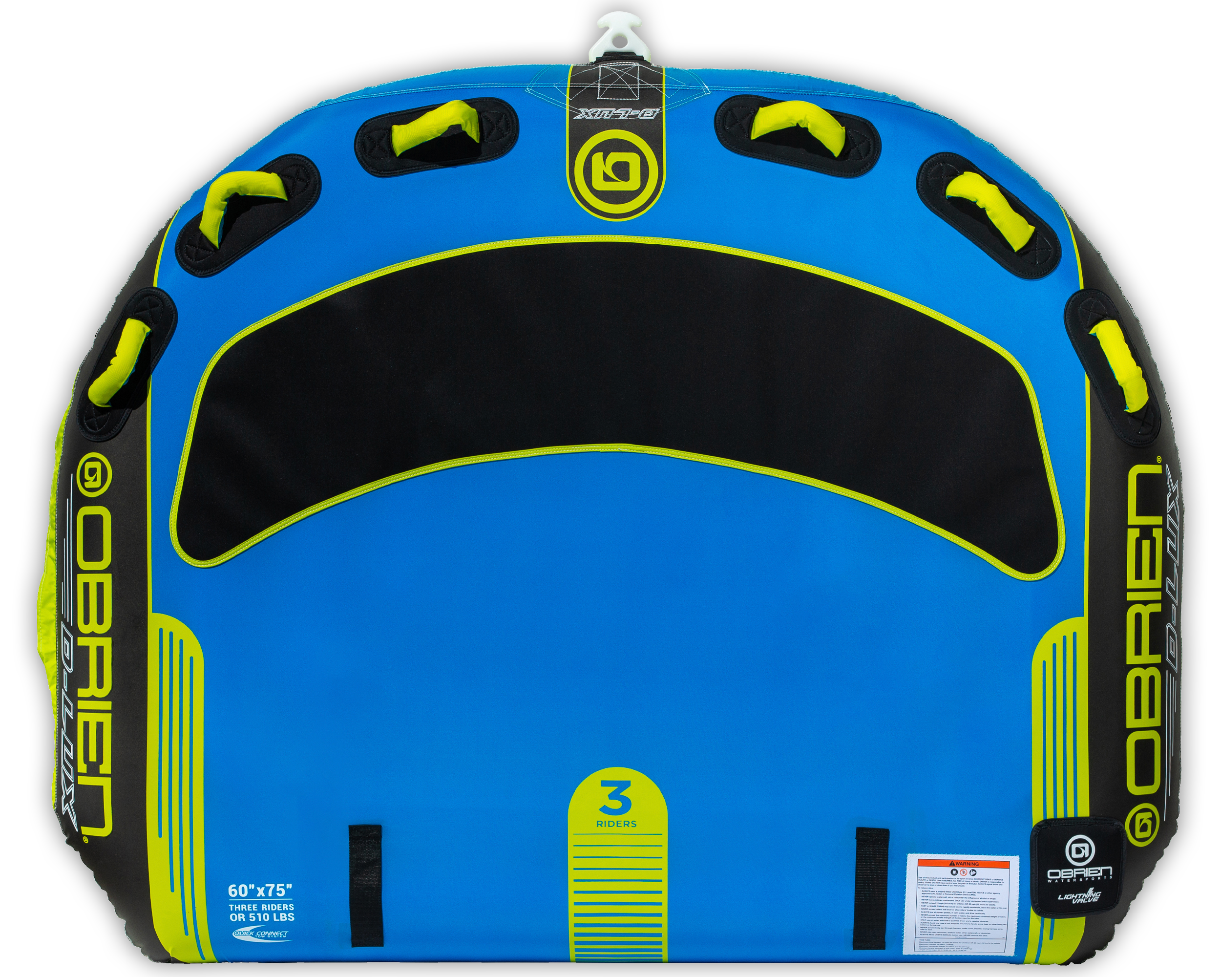 Top view of the blue and black O'Brien D-Lux 3, a three-rider towable tube with handles and a soft top.