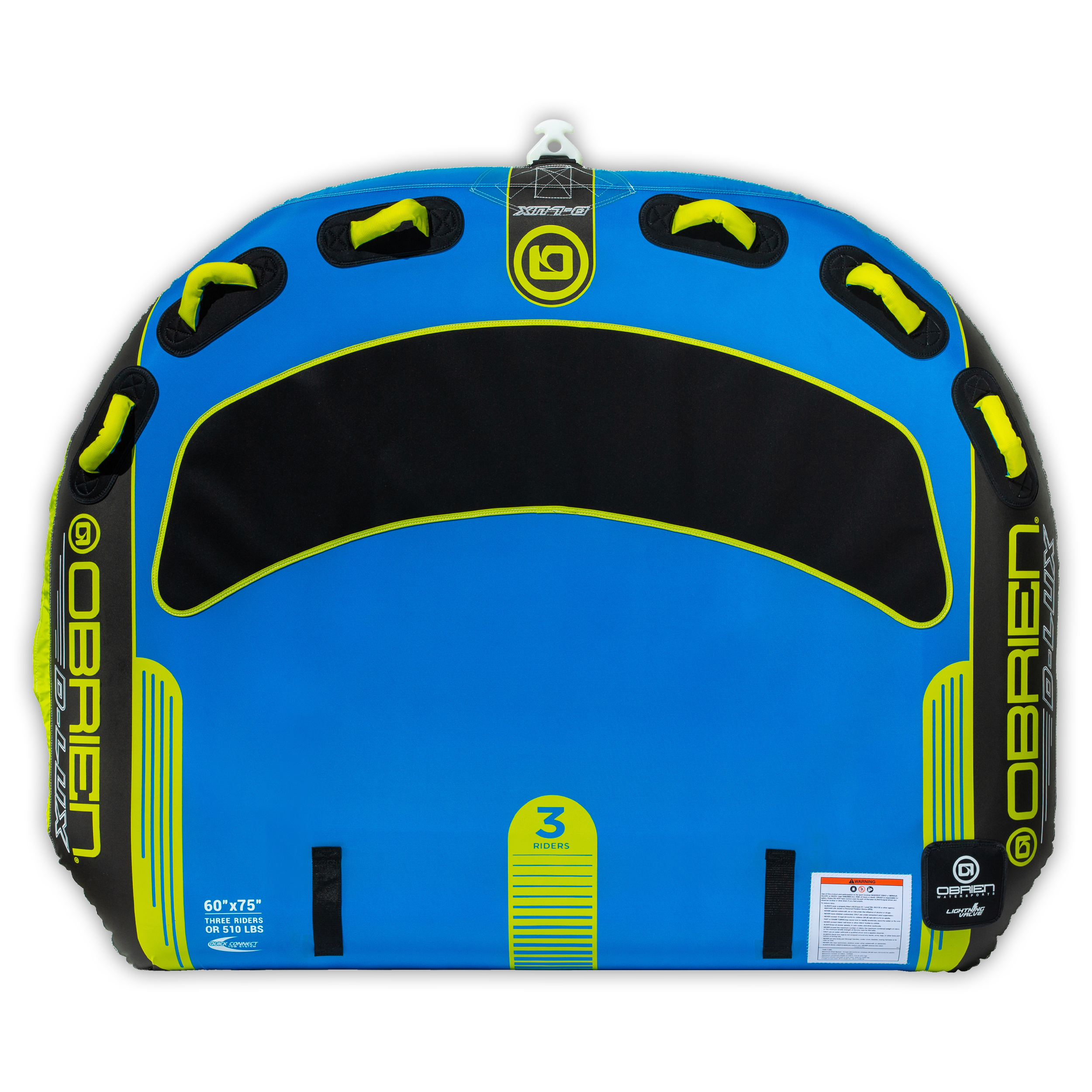Top view of the blue and black O'Brien D-Lux 3, a three-rider towable tube with handles and a soft top.