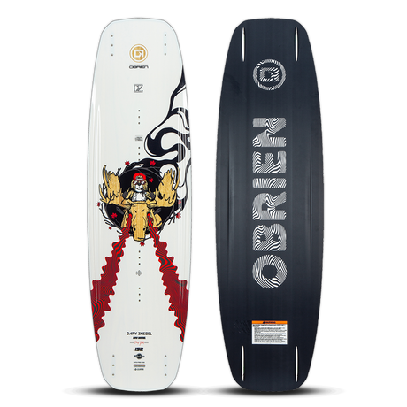 O'Brien DZ Wakeboard top and base view with white deck, cowboy graphic, and black base with bold branding.