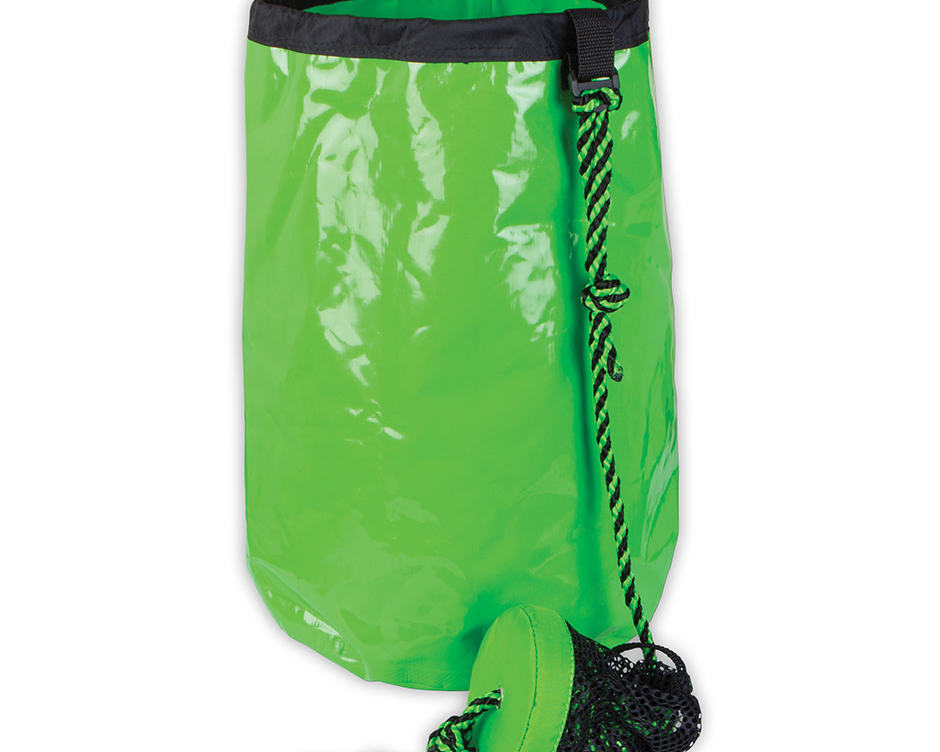 O'Brien Drift Anchor Bag, a green collapsible anchor bag with a black drawstring and attached rope for stability in water.