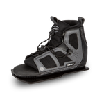 Angled view of the O'Brien Encore Waterski Binding in black and gray, with a high ankle cut and adjustable laces.