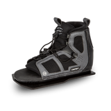 Angled view of the O'Brien Encore Waterski Binding in black and gray, with a high ankle cut and adjustable laces.