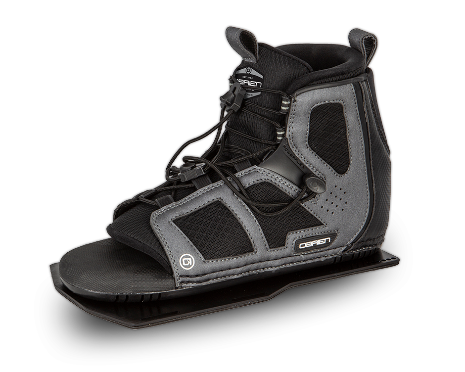 Angled view of the O'Brien Encore Waterski Binding in black and gray, with a high ankle cut and adjustable laces.