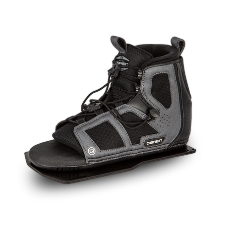 Angled view of the O'Brien Encore Waterski Binding in black and gray, with a high ankle cut and adjustable laces.