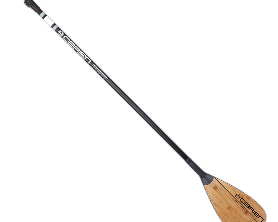 Angled view of the O'Brien Explorer Paddle (2022), highlighting its adjustable carbon shaft and bamboo blade.