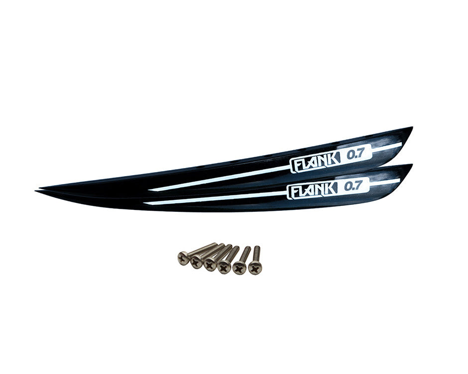Two black O'Brien Flank 0.7 wakeboard fins with white accents, shown with six mounting screws.