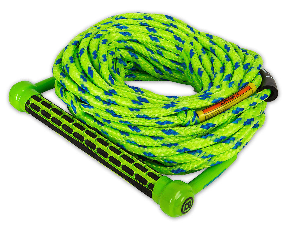 Angled view of the O'Brien Floating 1-Section Combo Rope and Handle, with a bright green and blue design and floating rope.