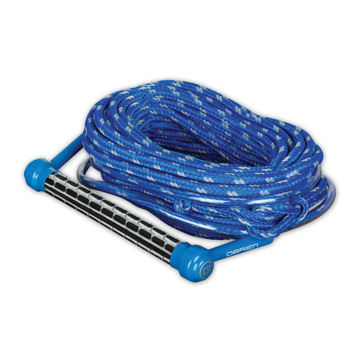 Angled view of the O'Brien Floating 1-Section Deep-V Ski Combo Rope and Handle in blue with a buoyant design.