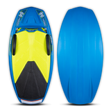 Top and base view of the O'Brien Freeboard V2 in blue and yellow, featuring traction pads and built-in handles for control.
