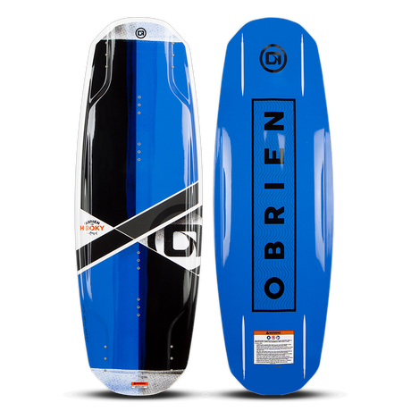 O'Brien Hooky Wakeboard top and base view with a blue and black deck, bold geometric graphics, and a sleek blue base.
