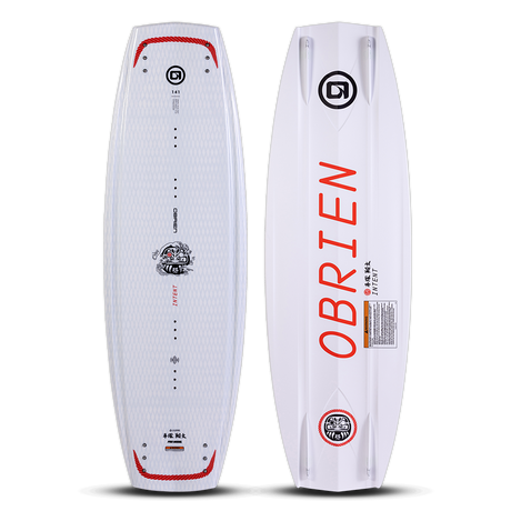Top and base view of O'Brien Intent Wakeboard in white with red branding, textured deck, and aggressive base channels.
