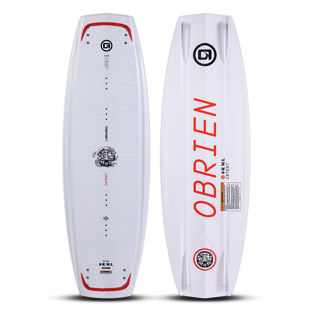 Top and base view of O'Brien Intent Wakeboard in white with red branding, textured deck, and aggressive base channels.