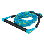 O'Brien Kneeboard Rope and Handle, a blue and black tow rope with a padded handle and coiled floating rope.